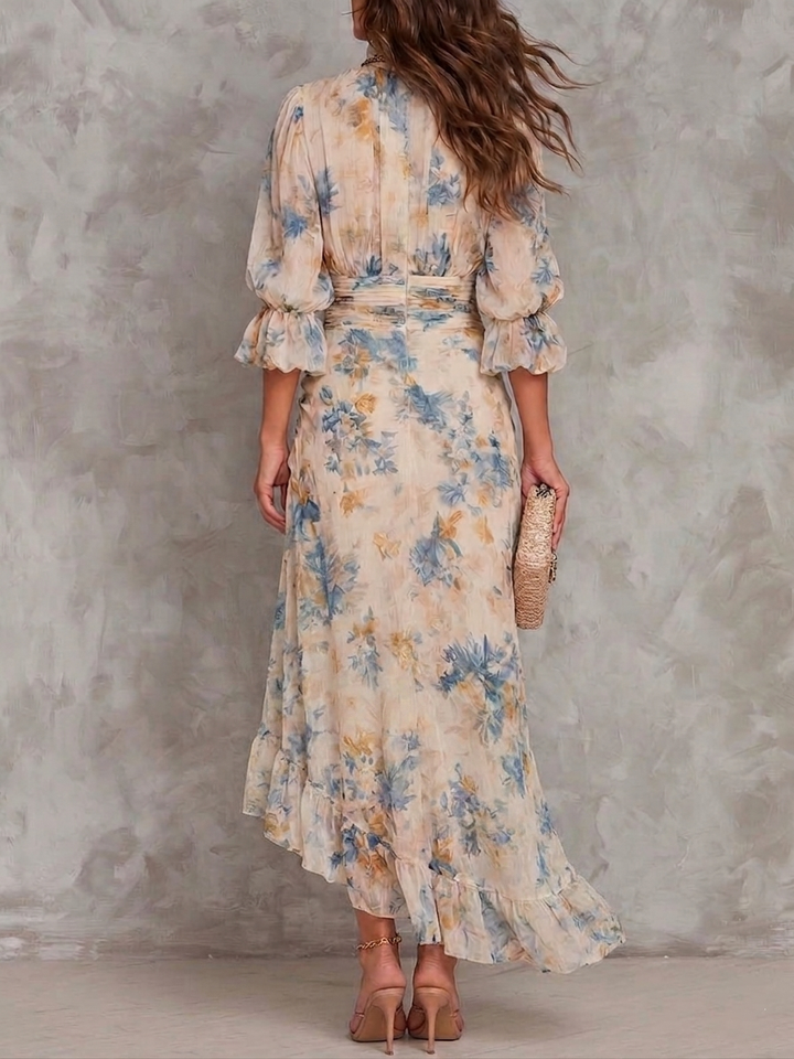 Turtleneck Floral Print Chiffon Maxi Dress