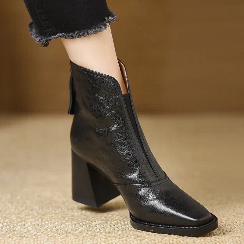 Rose | Leather V-Front Block Heel Ankle Boots