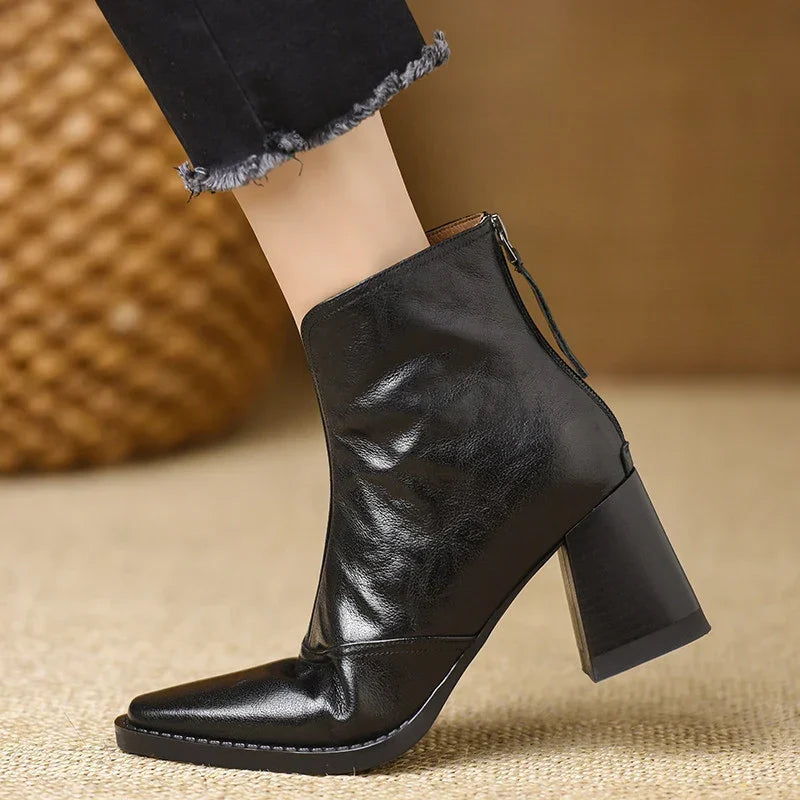 Rose | Leather V-Front Block Heel Ankle Boots