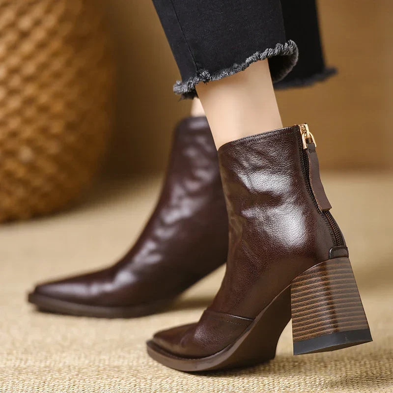 Rose | Leather V-Front Block Heel Ankle Boots